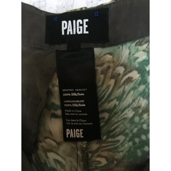 Paige Mid-Rise Women's Size 4 Brown Green Silk Animal Print Straight Leg Pants - Picture 4 of 10